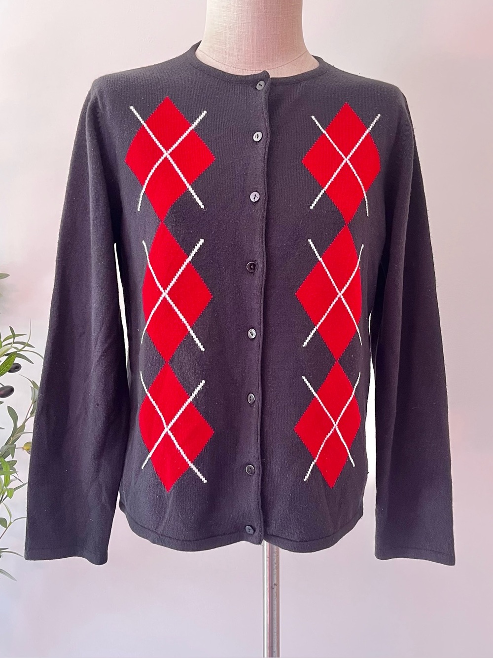 Vintage Black Cardigan Sweater with Red Argyle Pattern - Women